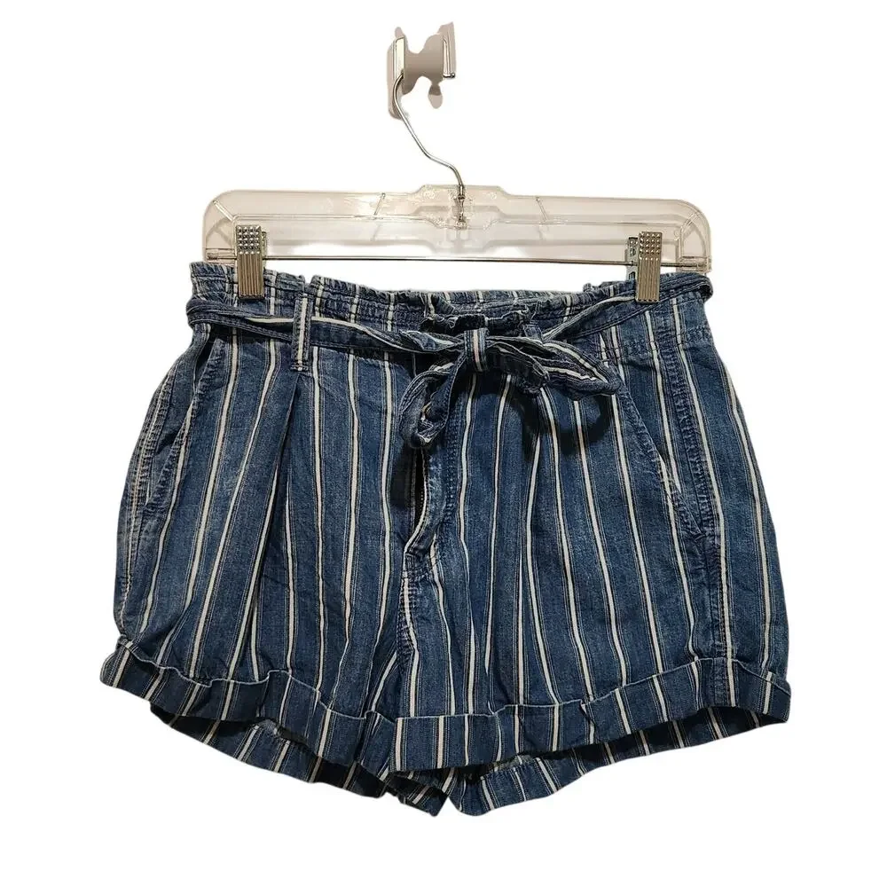 American Eagle Blue Striped Denim Belted Pleated Cotton Paperbag Shorts Size 4